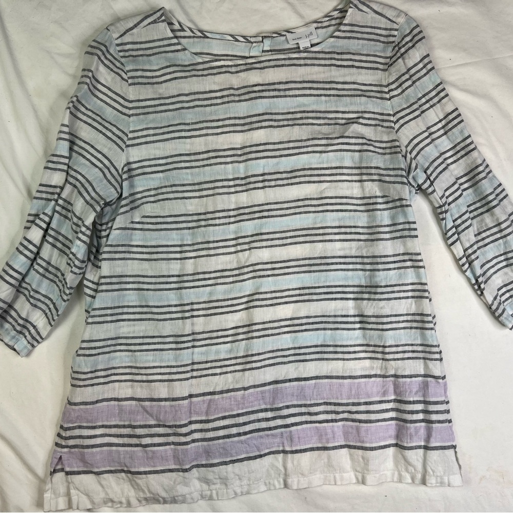 J.Jill PureJill Linen White Black Purple Stripe Tunic Blouse Women's L A031124